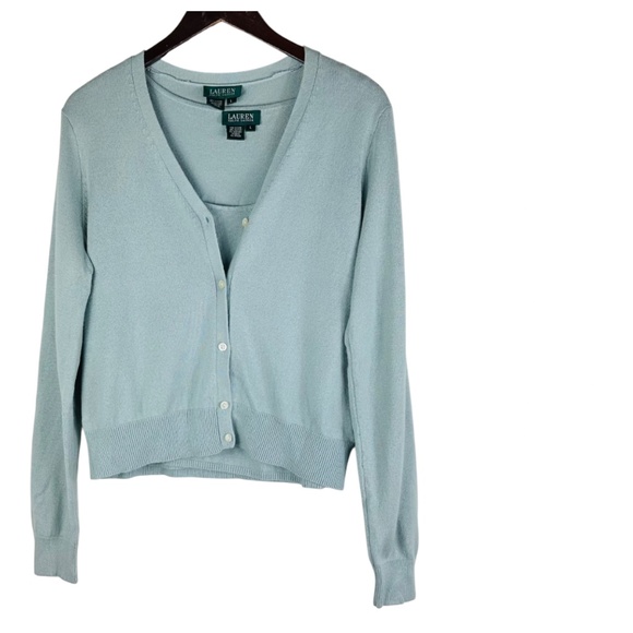 Ralph Lauren 2 pc Sweater Cardigan Tank Twinset Large 12 14 Silk Cashmere Teal - Picture 4 of 7